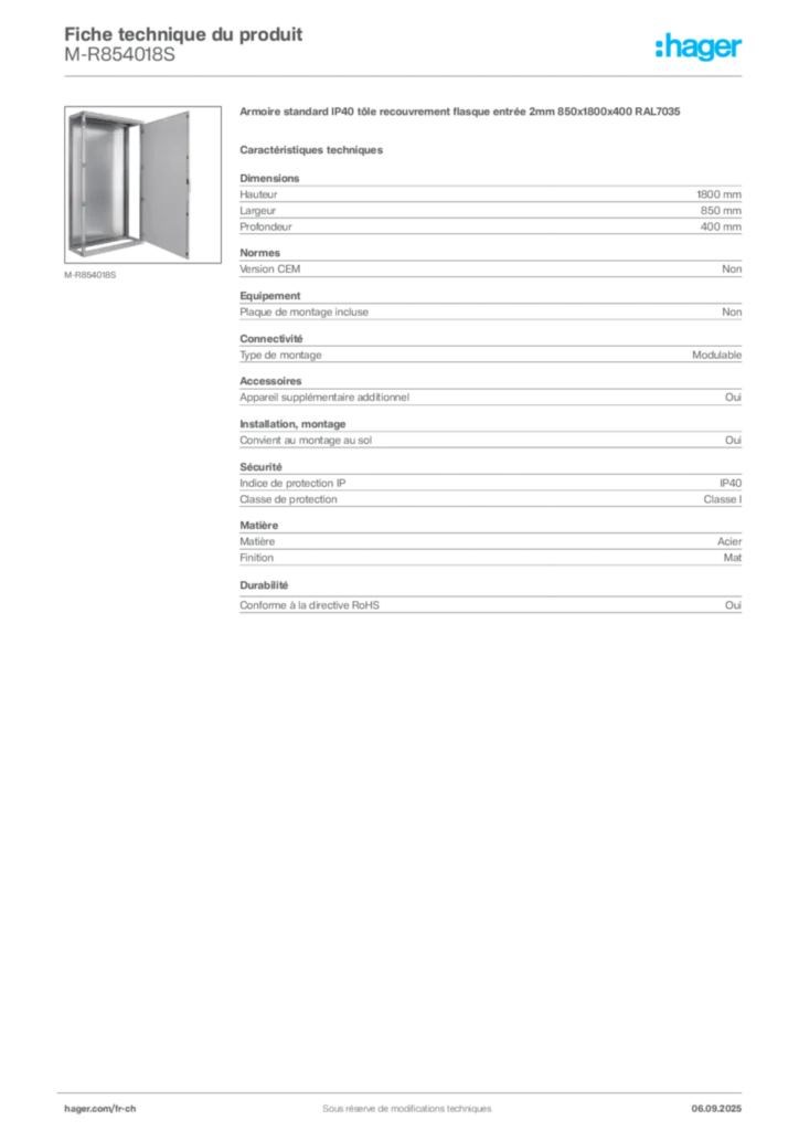 Image Hager Fiche technique du produit M-R854018S | Hager Suisse