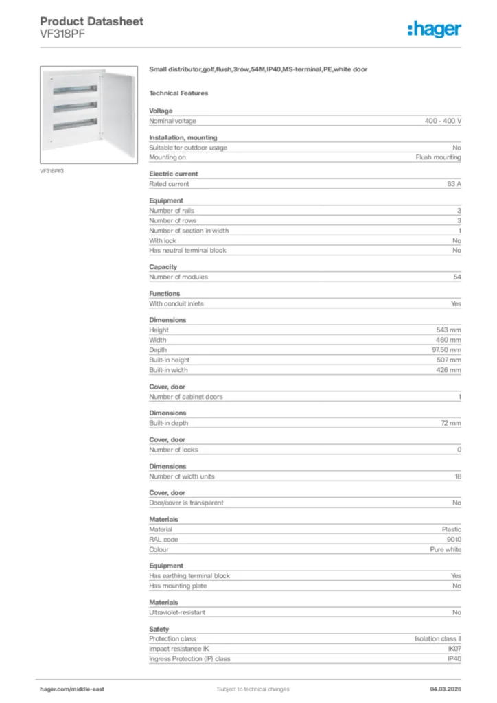 Image Hager Product data sheet VF318PF  | Hager