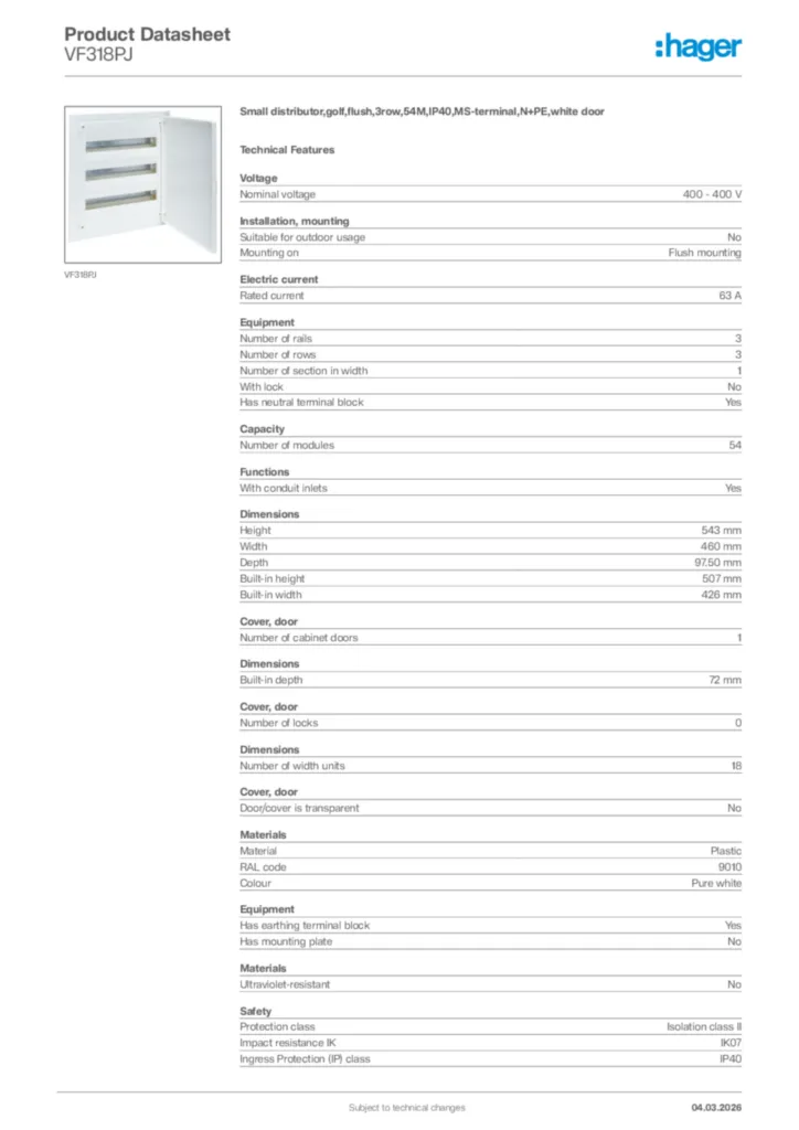 Image Hager Product data sheet VF318PJ  | Hager Africa