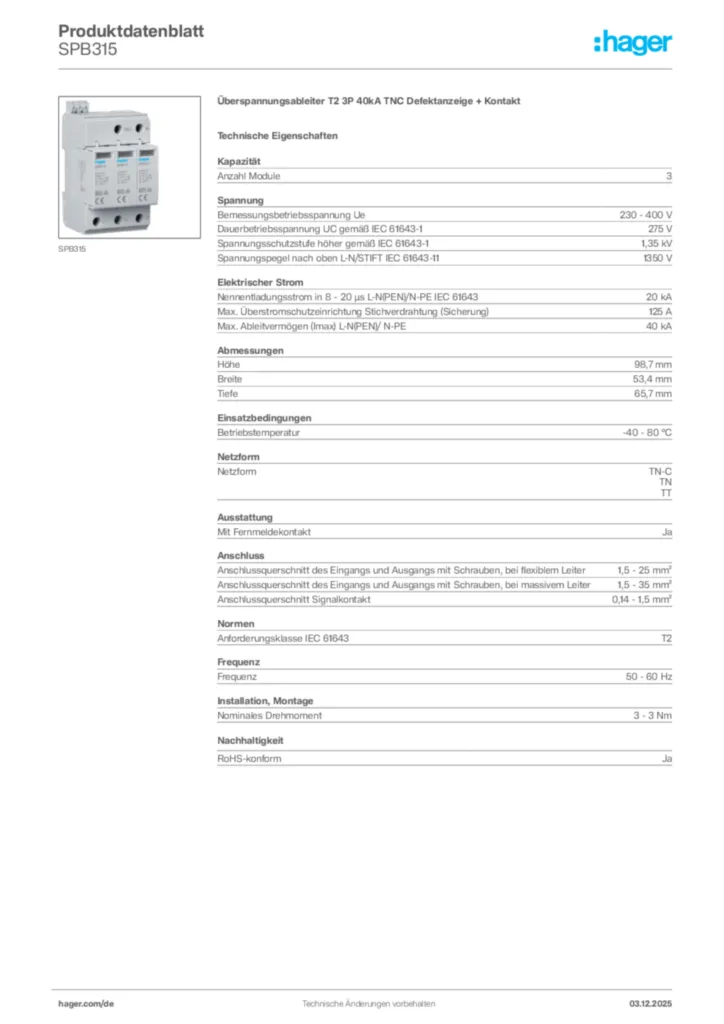 Bild Hager Produktdatenblatt SPB315 | Hager Deutschland