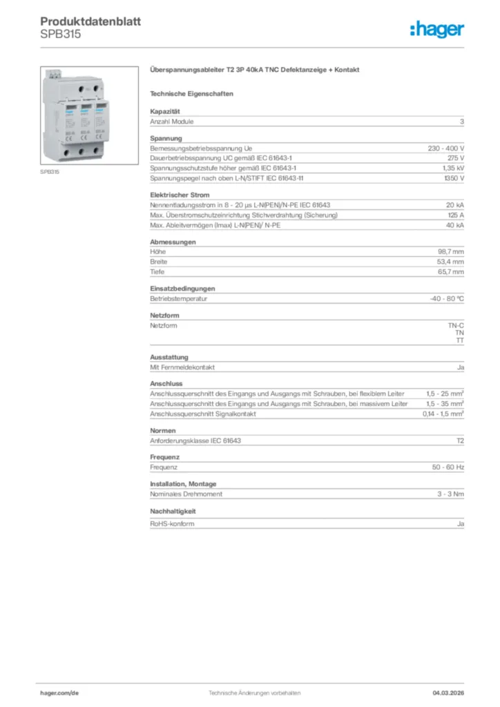 Bild Hager Produktdatenblatt SPB315 | Hager Deutschland