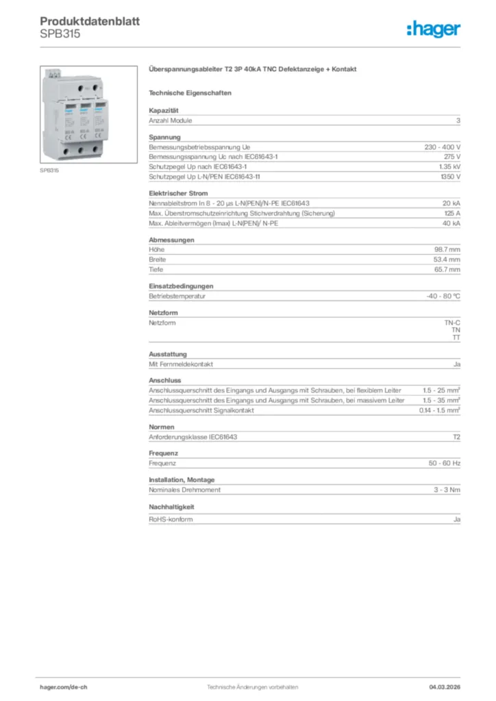 Bild Hager Produktdatenblatt SPB315 | Hager Schweiz