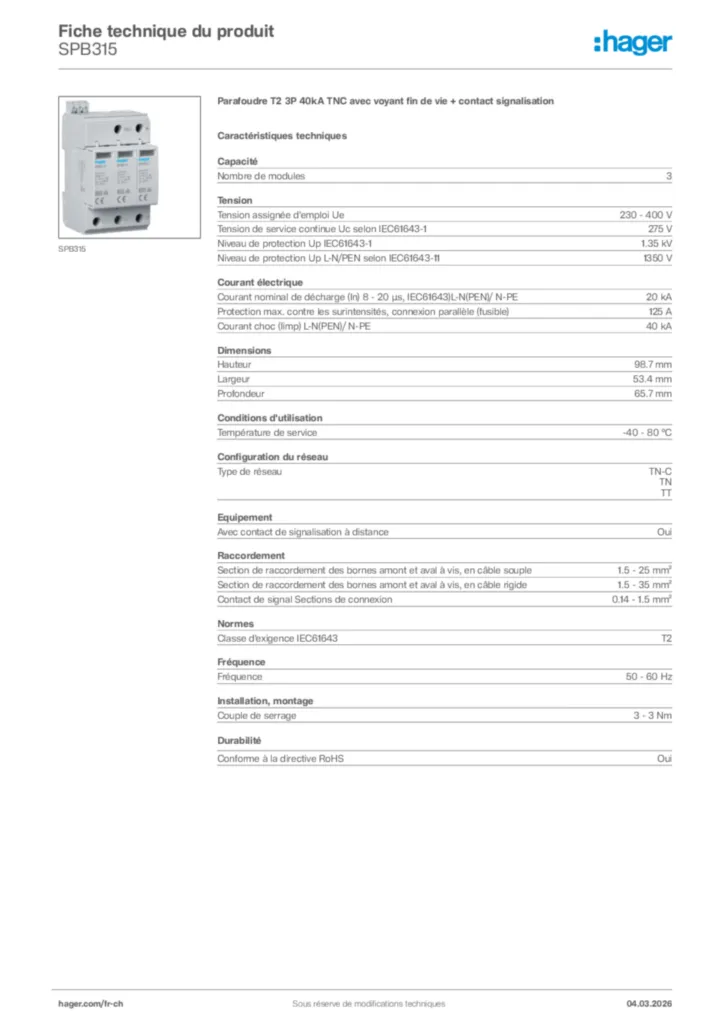 Image Hager Fiche technique du produit SPB315 | Hager Suisse