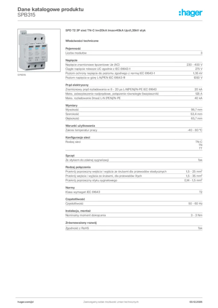 Zdjęcie Hager Dane katalogowe produktu SPB315 | Hager Polska