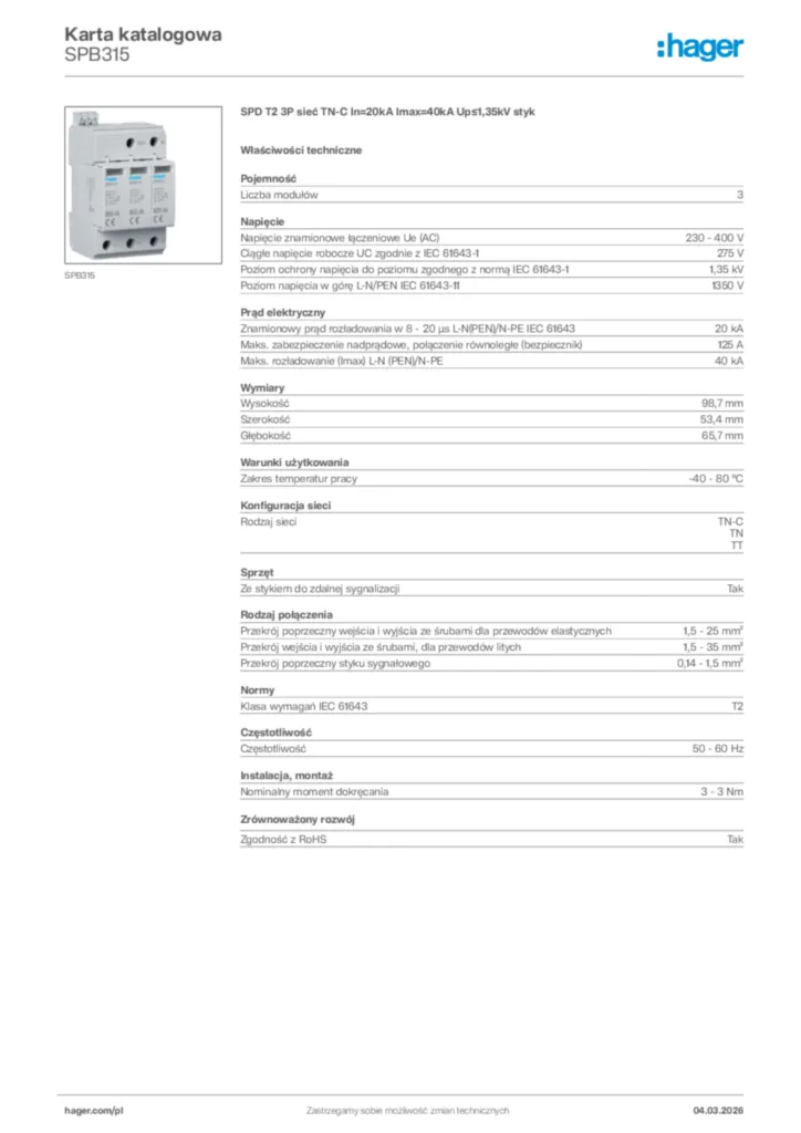 Zdjęcie Hager Karta katalogowa SPB315 | Hager Polska