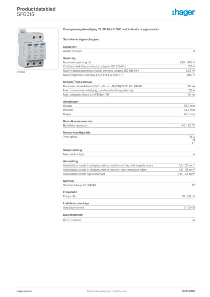 Afbeelding Hager Productdatablad SPB315 | Hager Nederland