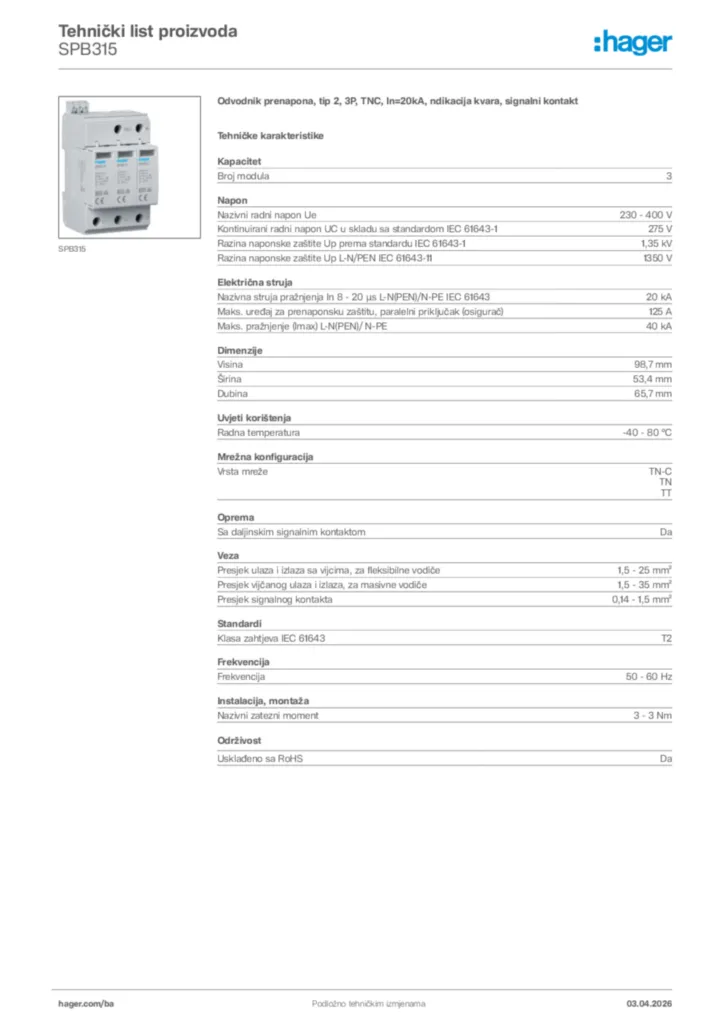 Slika Hager Tehnički list proizvoda SPB315  | Hager
