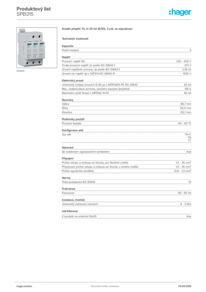 Obrázek Hager Produktový list SPB315 | Hager