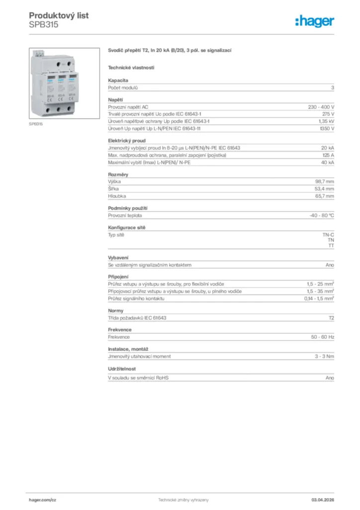 Obrázek Hager Product data sheet SPB315 | Hager