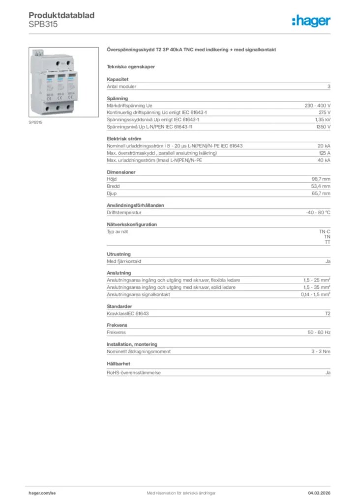 Bild Hager Produktdatablad SPB315 | Hager Sverige