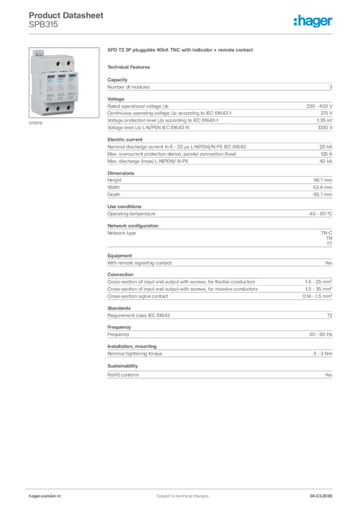 Image Hager Product data sheet SPB315  | Hager