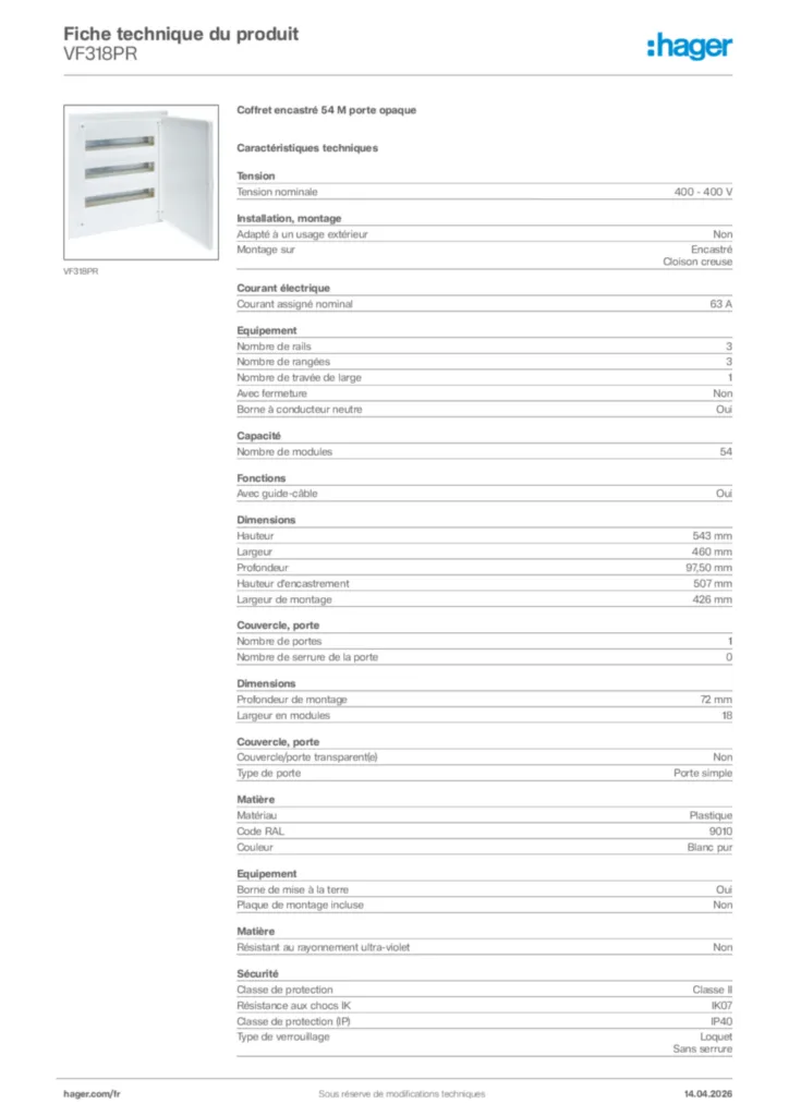 Image Hager Fiche technique du produit VF318PR | Hager France
