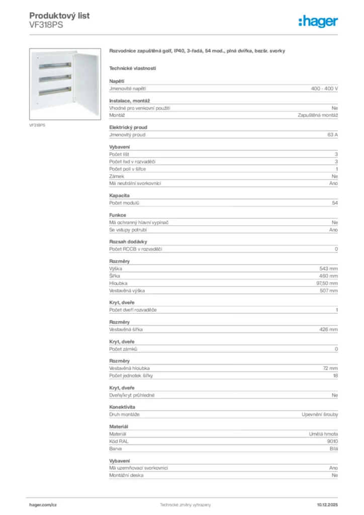 Obrázek Hager Produktový list VF318PS | Hager