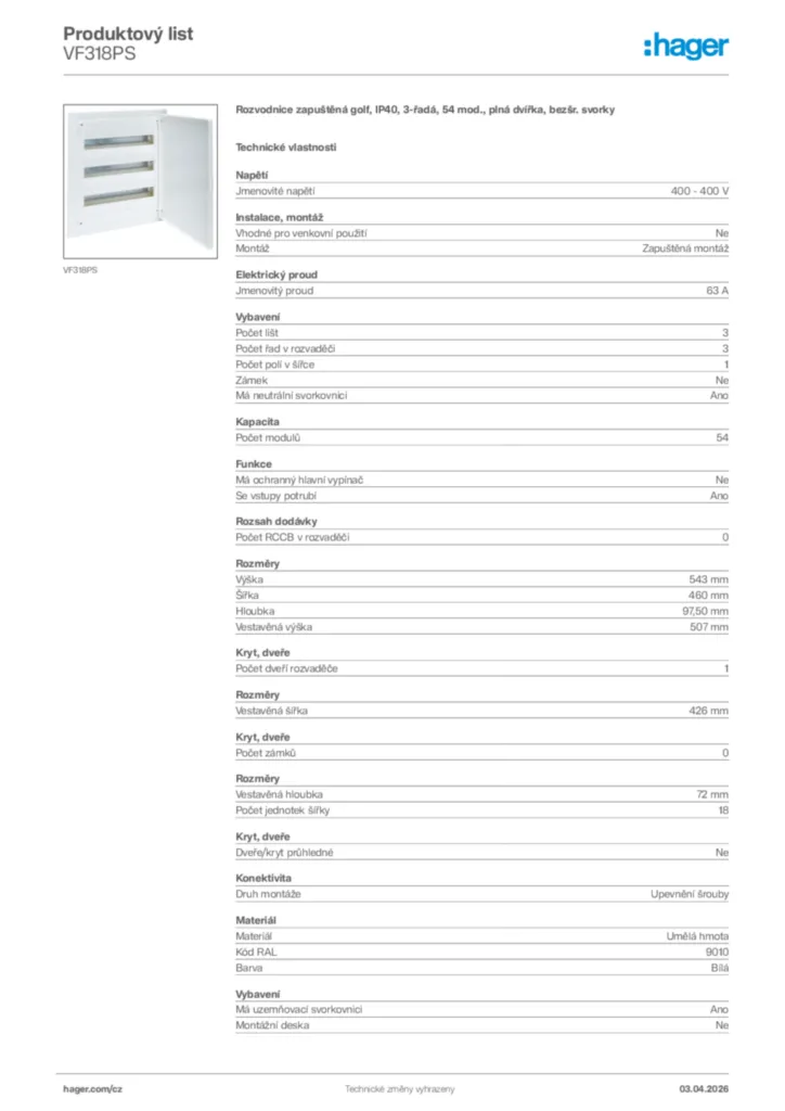 Obrázek Hager Product data sheet VF318PS | Hager