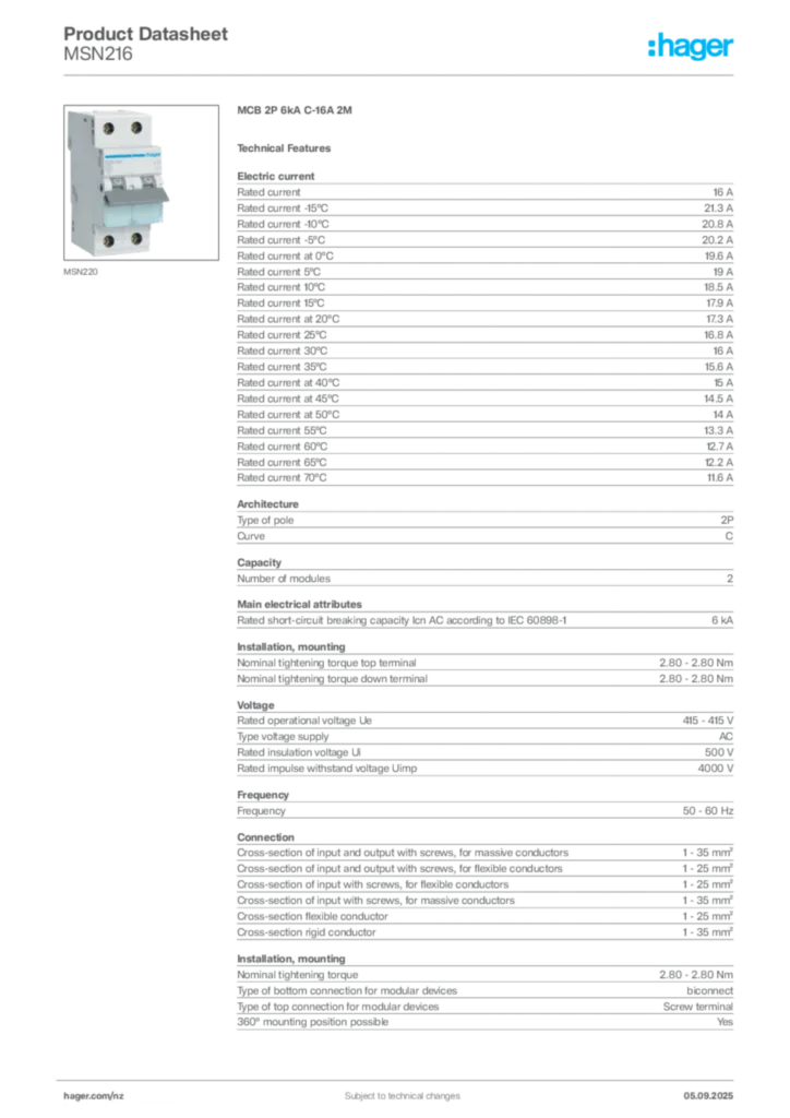 Image Hager Product data sheet MSN216  | Hager New Zealand