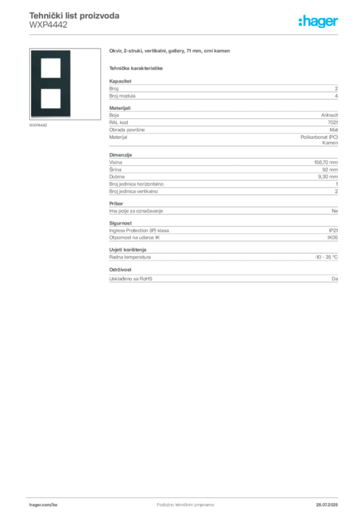 Slika Hager Product data sheet WXP4442  | Hager