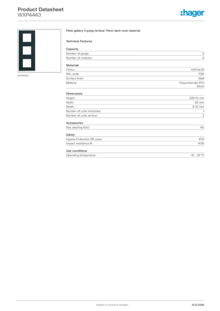 Image Hager Product data sheet WXP4443  | Hager Africa