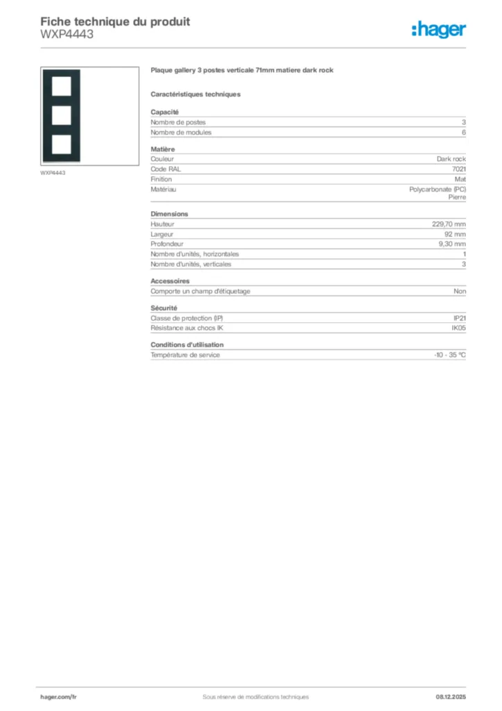Image Hager Fiche technique du produit WXP4443 | Hager France