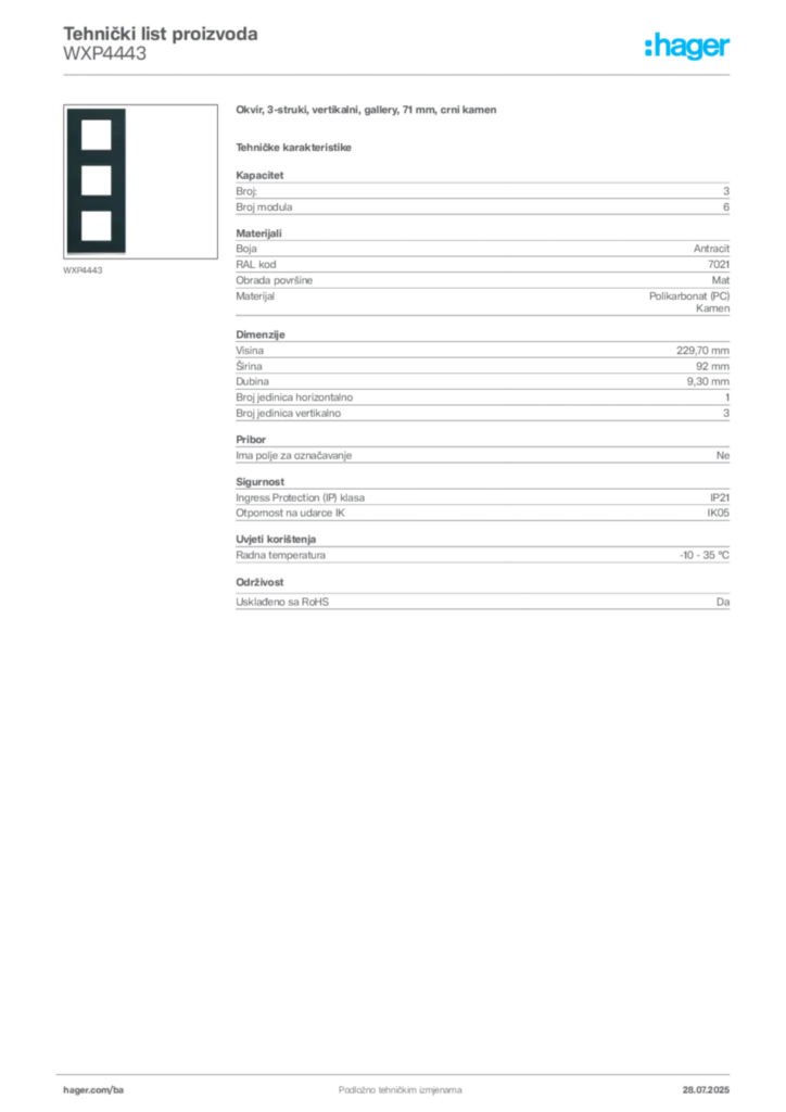 Slika Hager Product data sheet WXP4443  | Hager