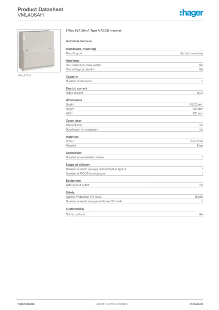 Image Hager Product data sheet VML406AH  | Hager