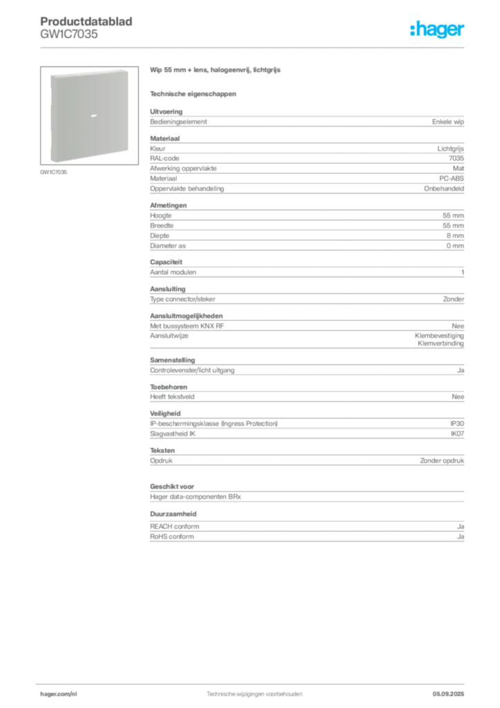 Afbeelding Hager Productdatablad GW1C7035 | Hager Nederland