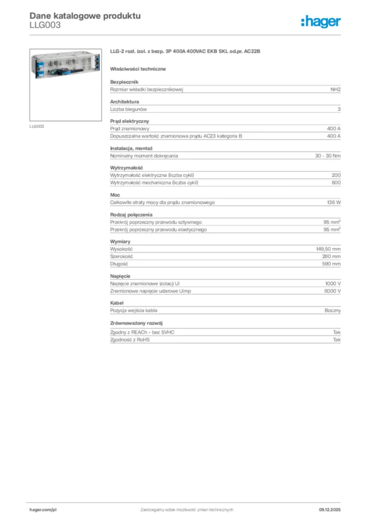 Zdjęcie Hager Karta katalogowa LLG003 | Hager Polska