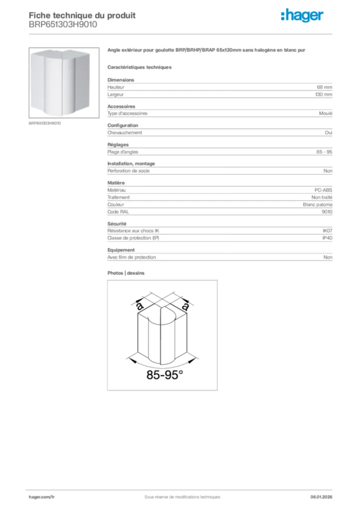 Image Hager Fiche technique du produit BRP651303H9010 | Hager France