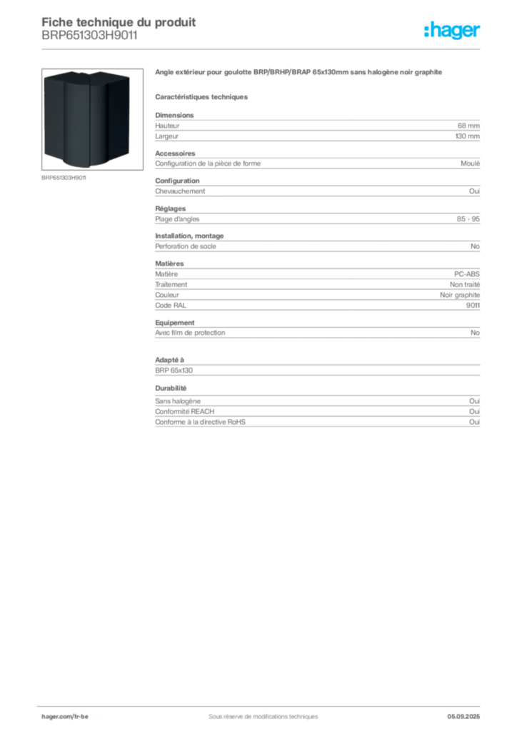Image Hager Fiche technique du produit BRP651303H9011 | Hager Belgique