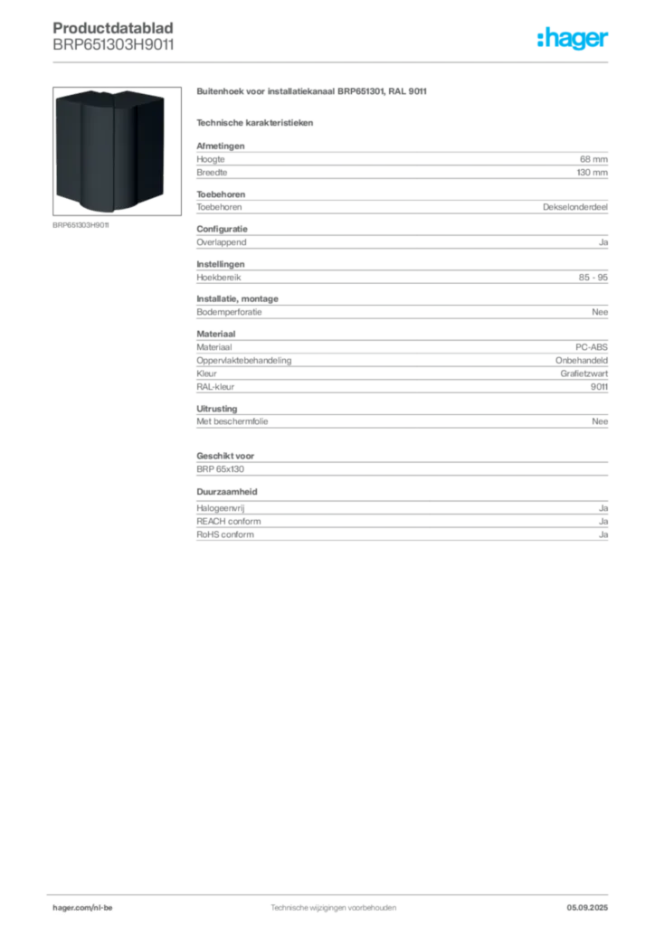 Afbeelding Hager Productdatablad BRP651303H9011 | Hager Belgium
