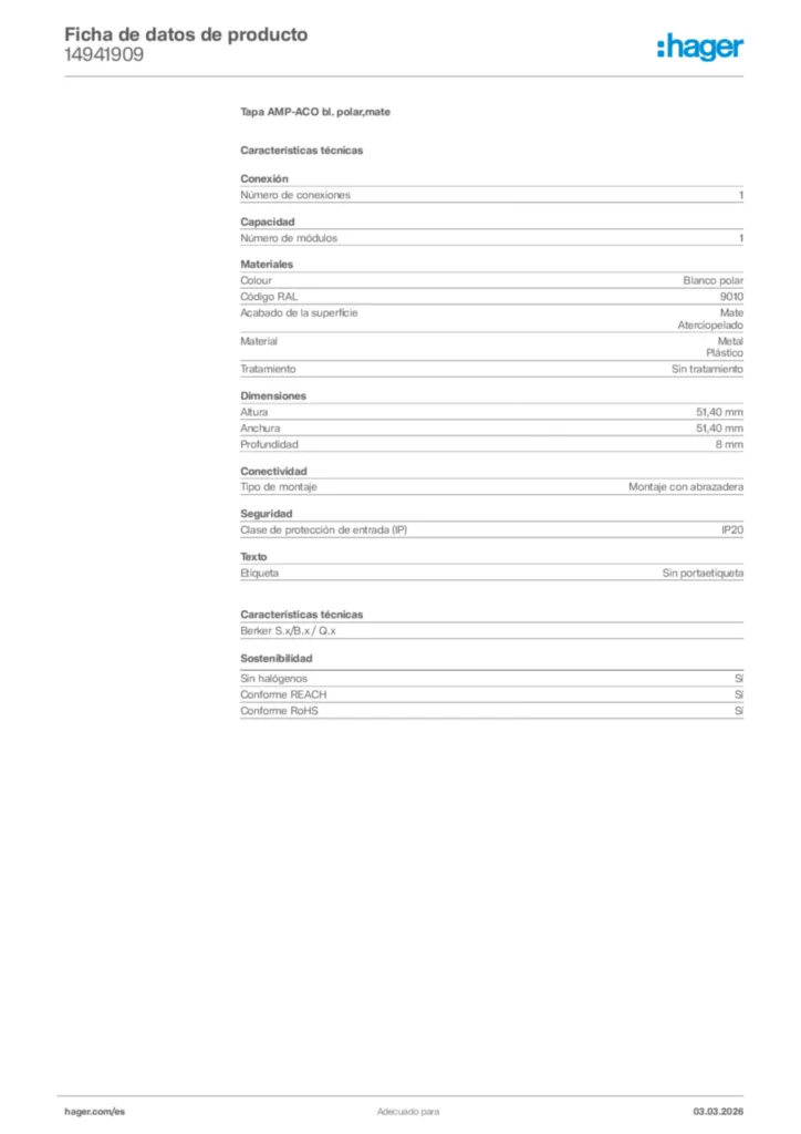 Imagen Hager Ficha de datos de producto 14941909 | Hager España