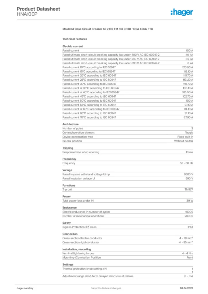 Image Hager Product data sheet HNA100P  | Hager