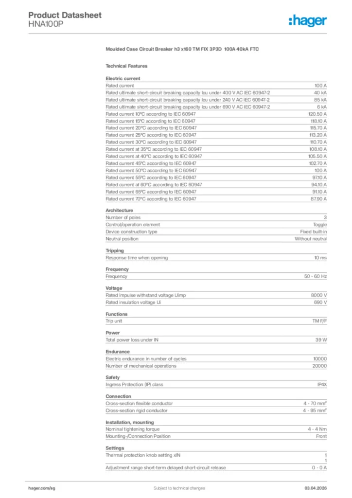 Image Hager Product data sheet HNA100P  | Hager