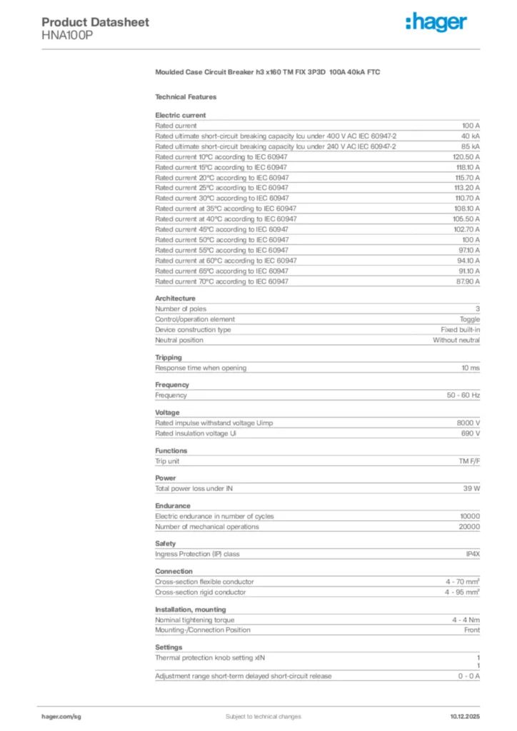 Image Hager Product data sheet HNA100P  | Hager