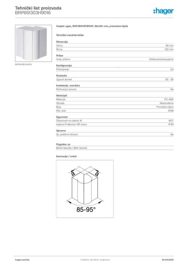 Slika Hager Tehnički list proizvoda BRP651303H9016  | Hager