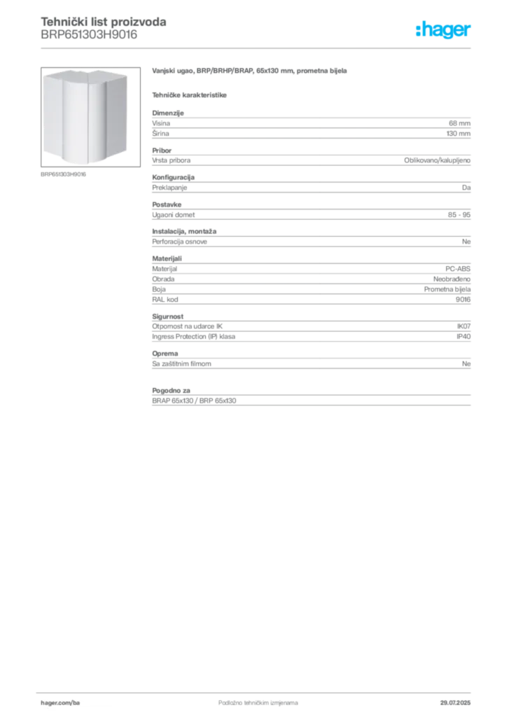 Slika Hager Product data sheet BRP651303H9016  | Hager