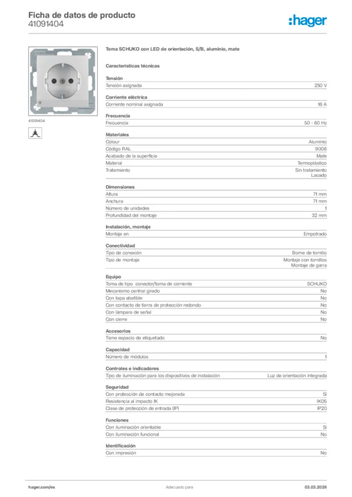 Imagen Hager Ficha de datos de producto 41091404 | Hager España