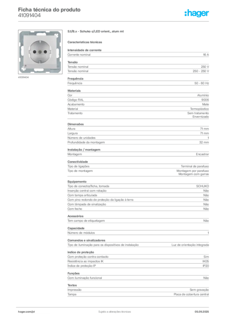 Imagem Hager Ficha técnica do produto 41091404 | Hager Portugal