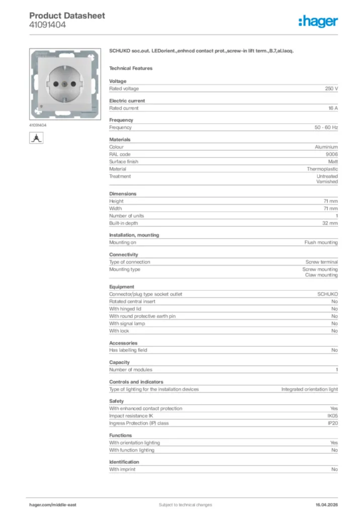 Image Hager Product data sheet 41091404  | Hager