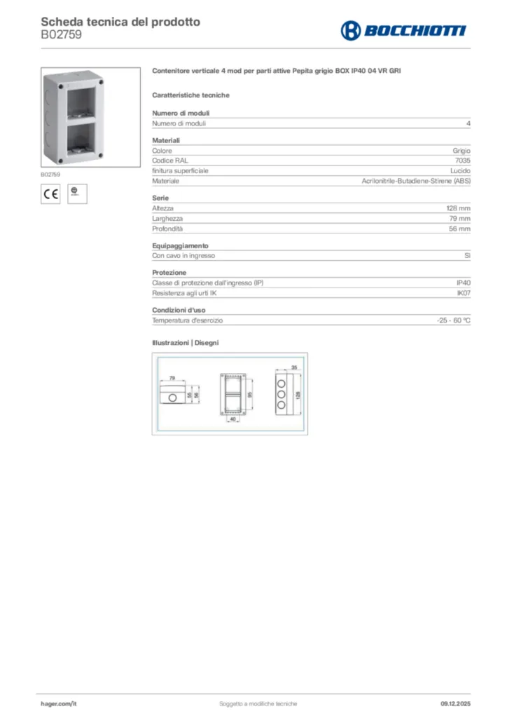 Immagine Bocchiotti Scheda tecnica del prodotto B02759 | Hager Italia