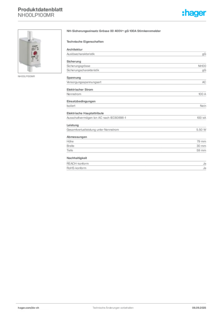 Bild Hager Produktdatenblatt NH00LP100MR | Hager Schweiz
