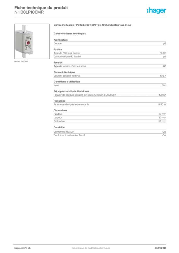Image Hager Fiche technique du produit NH00LP100MR | Hager Suisse