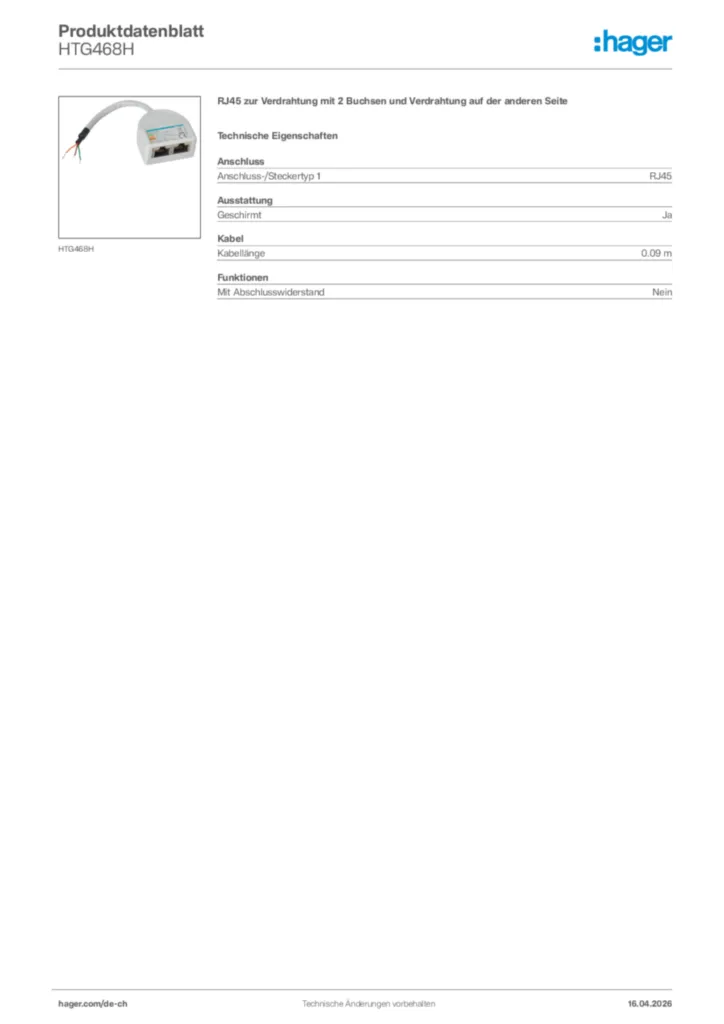 Bild Hager Produktdatenblatt HTG468H | Hager Schweiz
