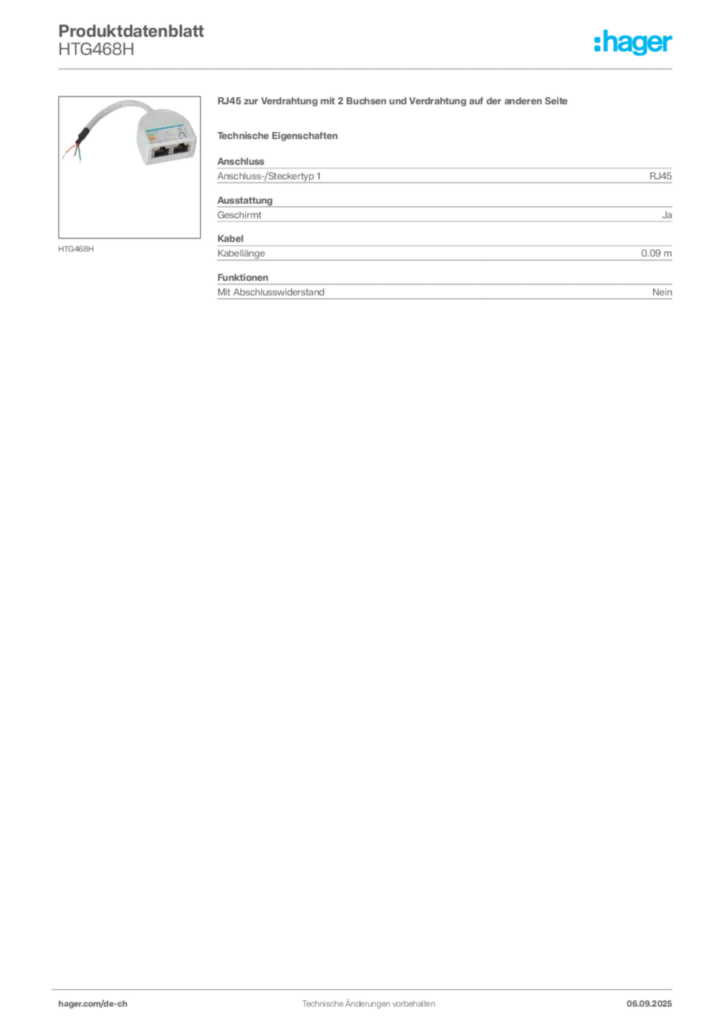 Bild Hager Produktdatenblatt HTG468H | Hager Schweiz
