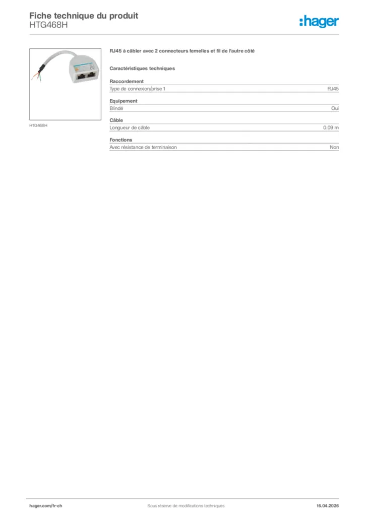 Image Hager Fiche technique du produit HTG468H | Hager Suisse
