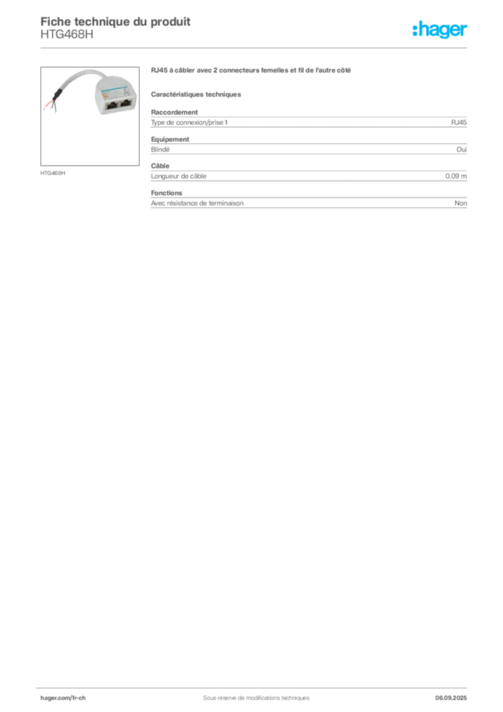 Image Hager Fiche technique du produit HTG468H | Hager Suisse