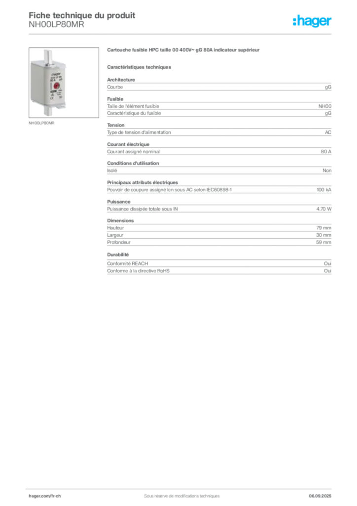 Image Hager Fiche technique du produit NH00LP80MR | Hager Suisse