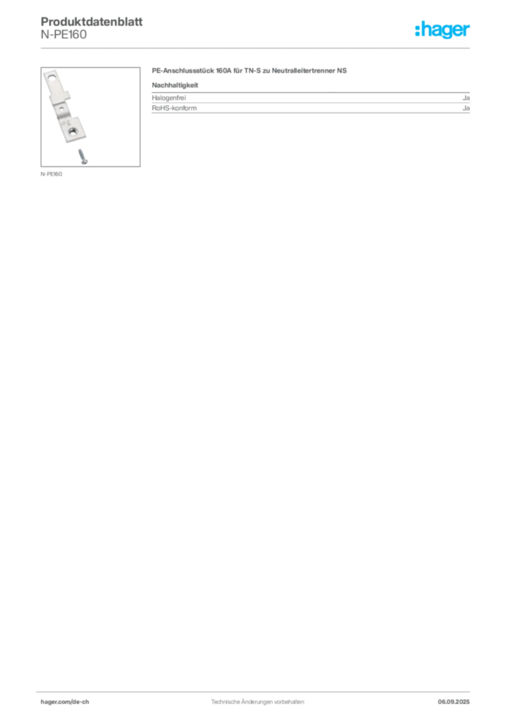 Bild Hager Produktdatenblatt N-PE160 | Hager Schweiz