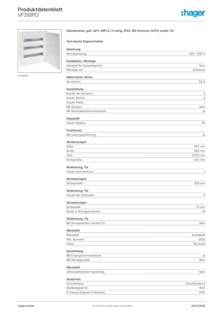 Bild Hager Produktdatenblatt VF318PD | Hager Deutschland