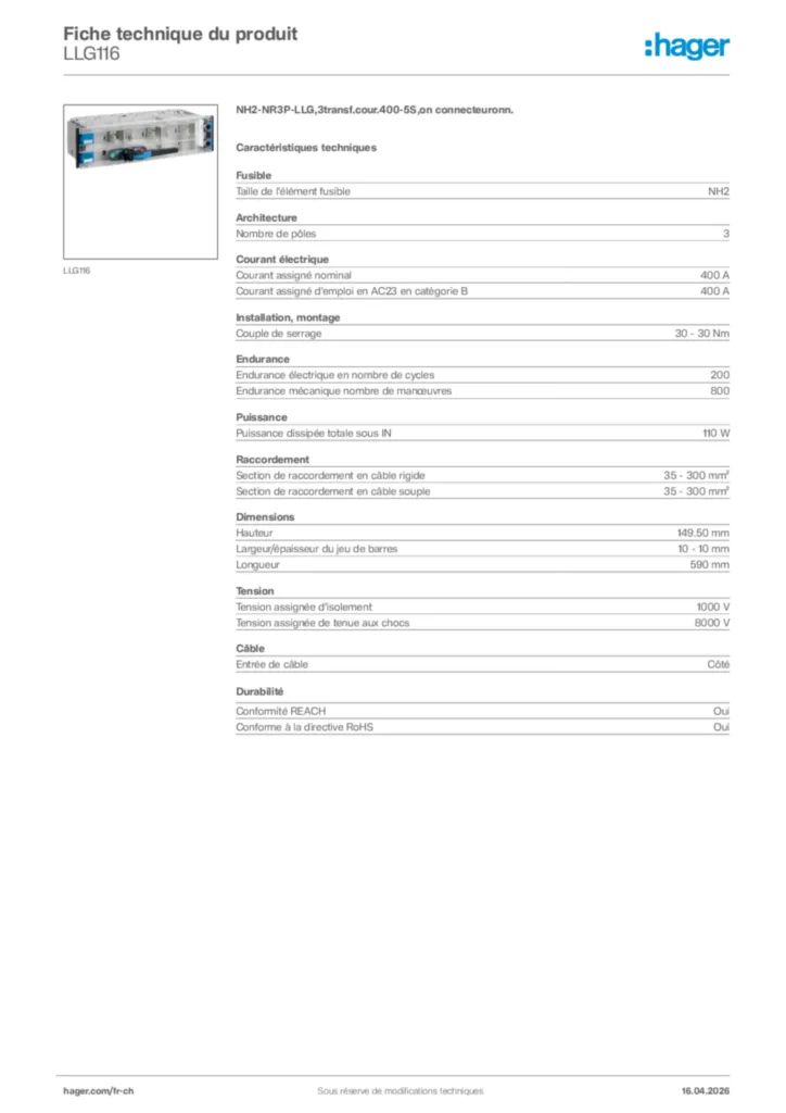 Image Hager Fiche technique du produit LLG116 | Hager Suisse