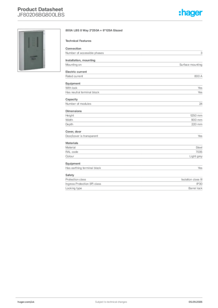 Image Hager Product data sheet JF80206BG800LBS  | Hager